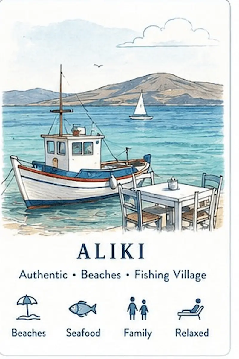 Fishing boats and waterfront in Aliki village on Paros