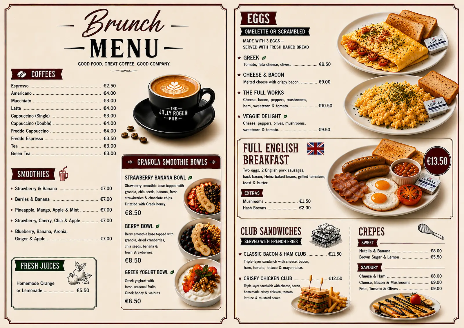 Brunch menu at The Jolly Roger Pub with coffee, eggs, Full English Breakfast, smoothie bowls, sandwiches and crepes