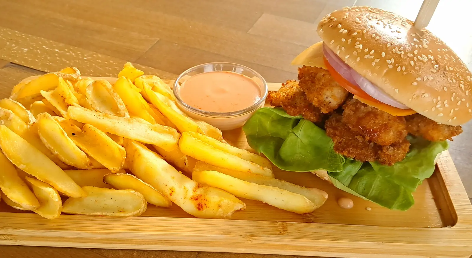 Chicken tender burger at The Jolly Roger Pub in Parikia