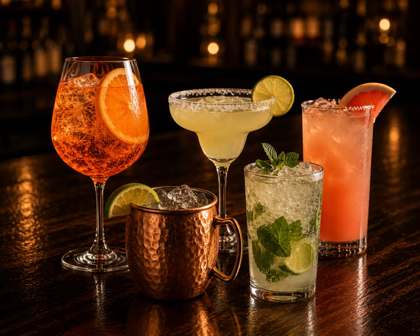 Aperol Spritz, Margarita, Moscow Mule, Paloma and Mojito cocktails on the bar