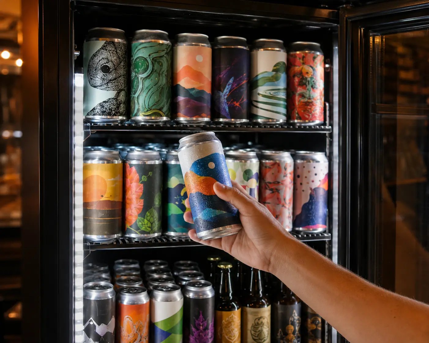 Hand choosing a colourful craft beer can from the pub fridge