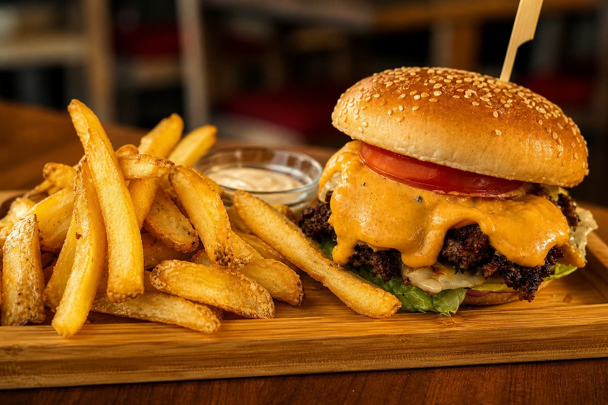 Burger and fries at The Jolly Roger