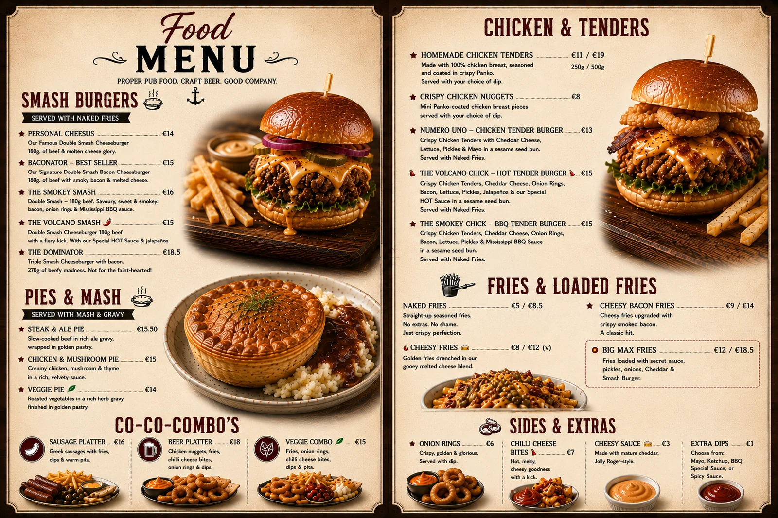 Full main food menu at The Jolly Roger Pub in Parikia, including smash burgers, pies, chicken tenders, loaded fries, sides and extras