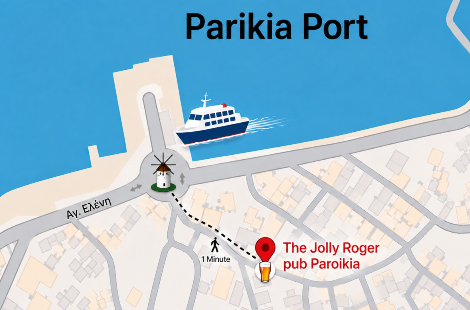 Illustrated walking map from Parikia Port to The Jolly Roger Pub, one minute from the port