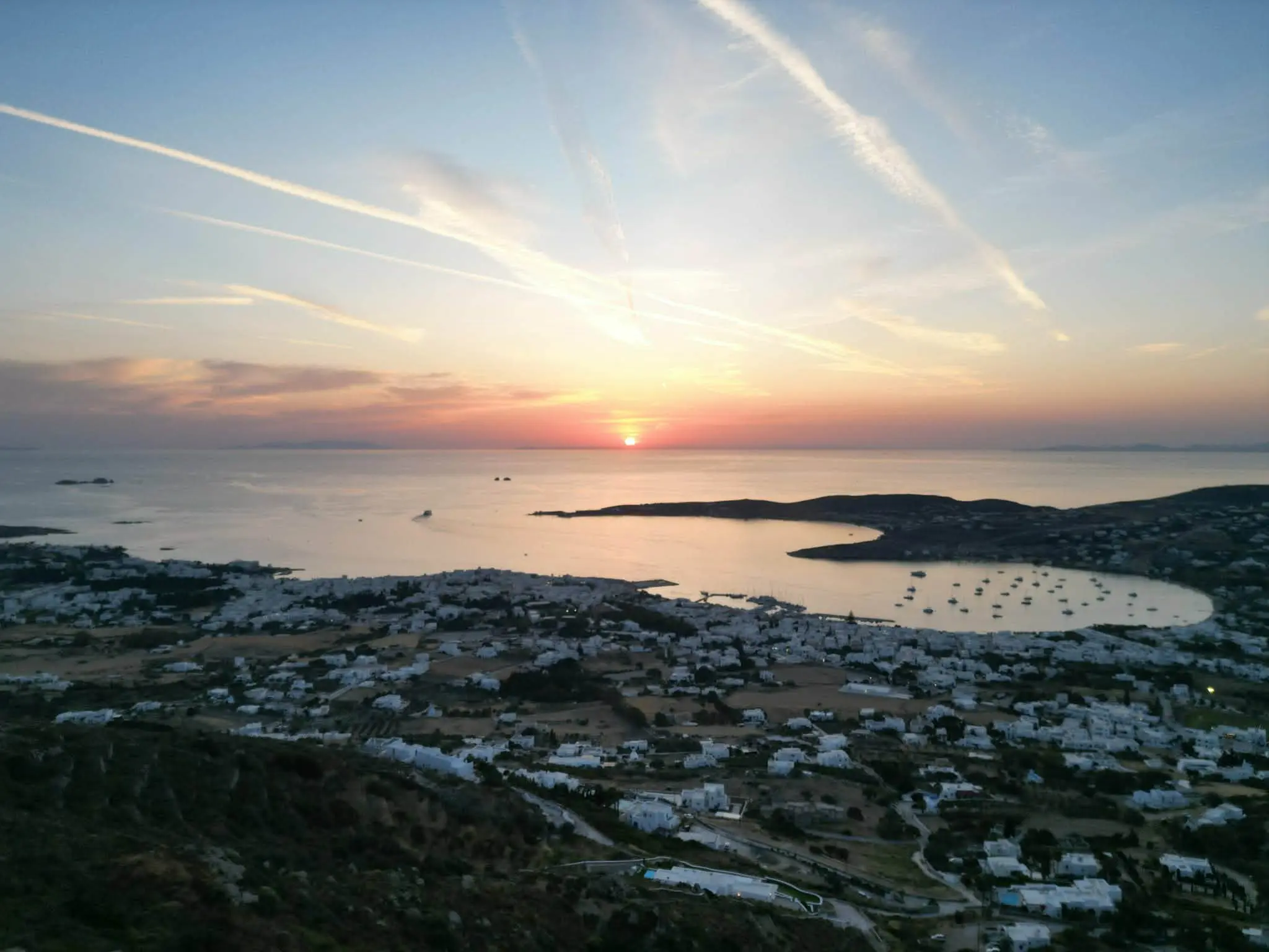 Sunset over Paroikia and the bay of Paros
