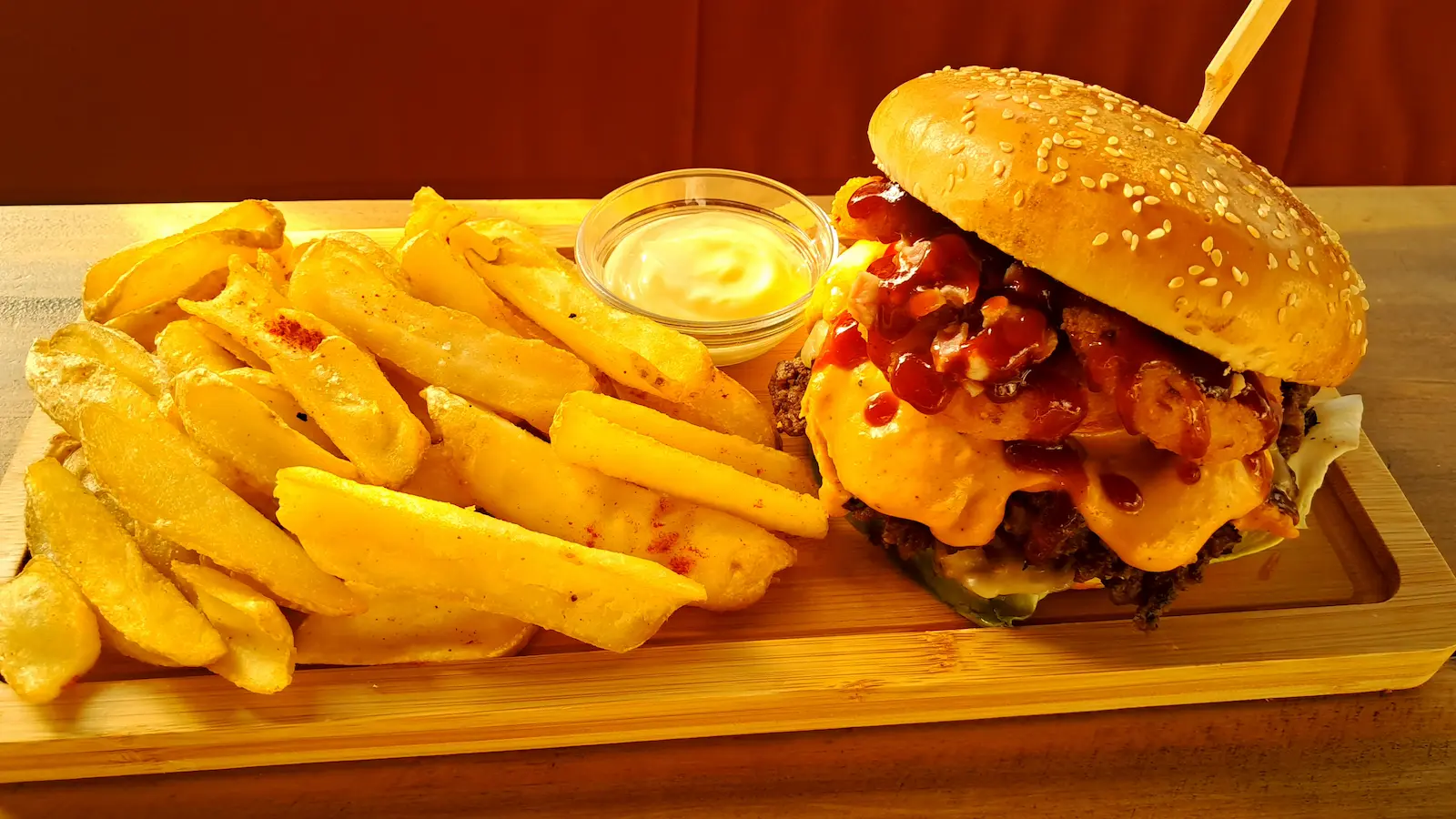 Smash burger and fries at The Jolly Roger Pub in Parikia